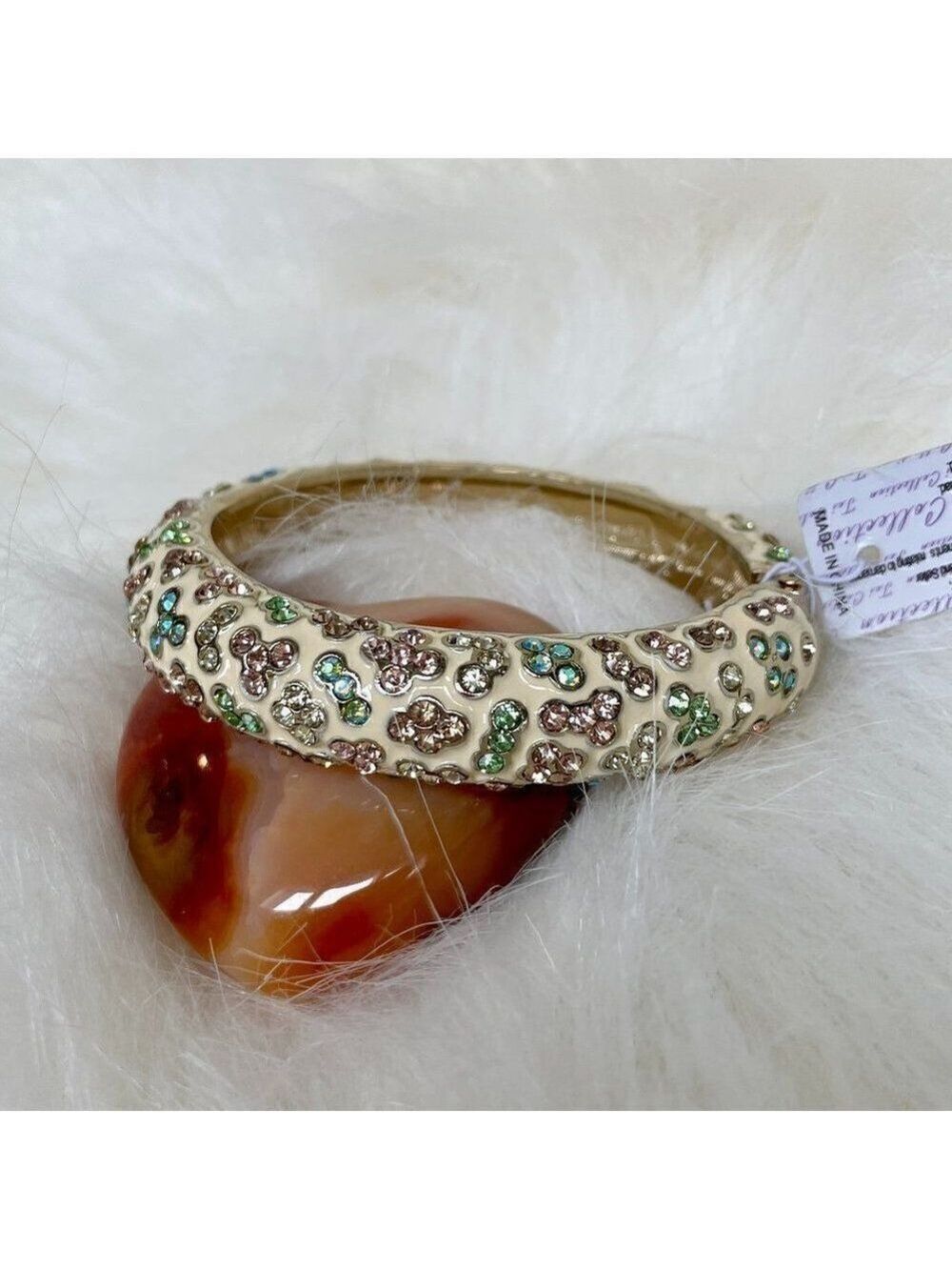 Cream Enamel and Bling Hinged Cuff Bracelet #611